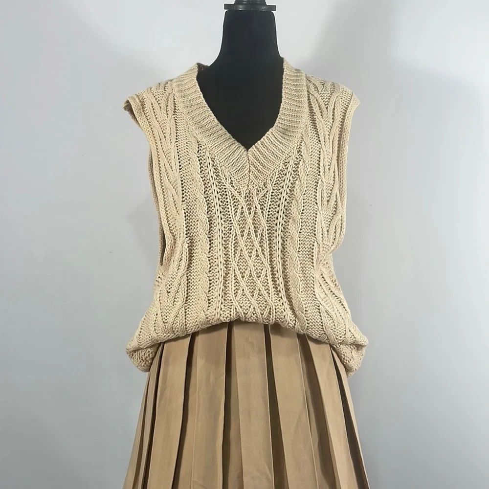 Ivory Sweater Vest,Knit Sweater Vest,Sleeveless Casual Knit,V neck,long,small - Picture 2 of 11